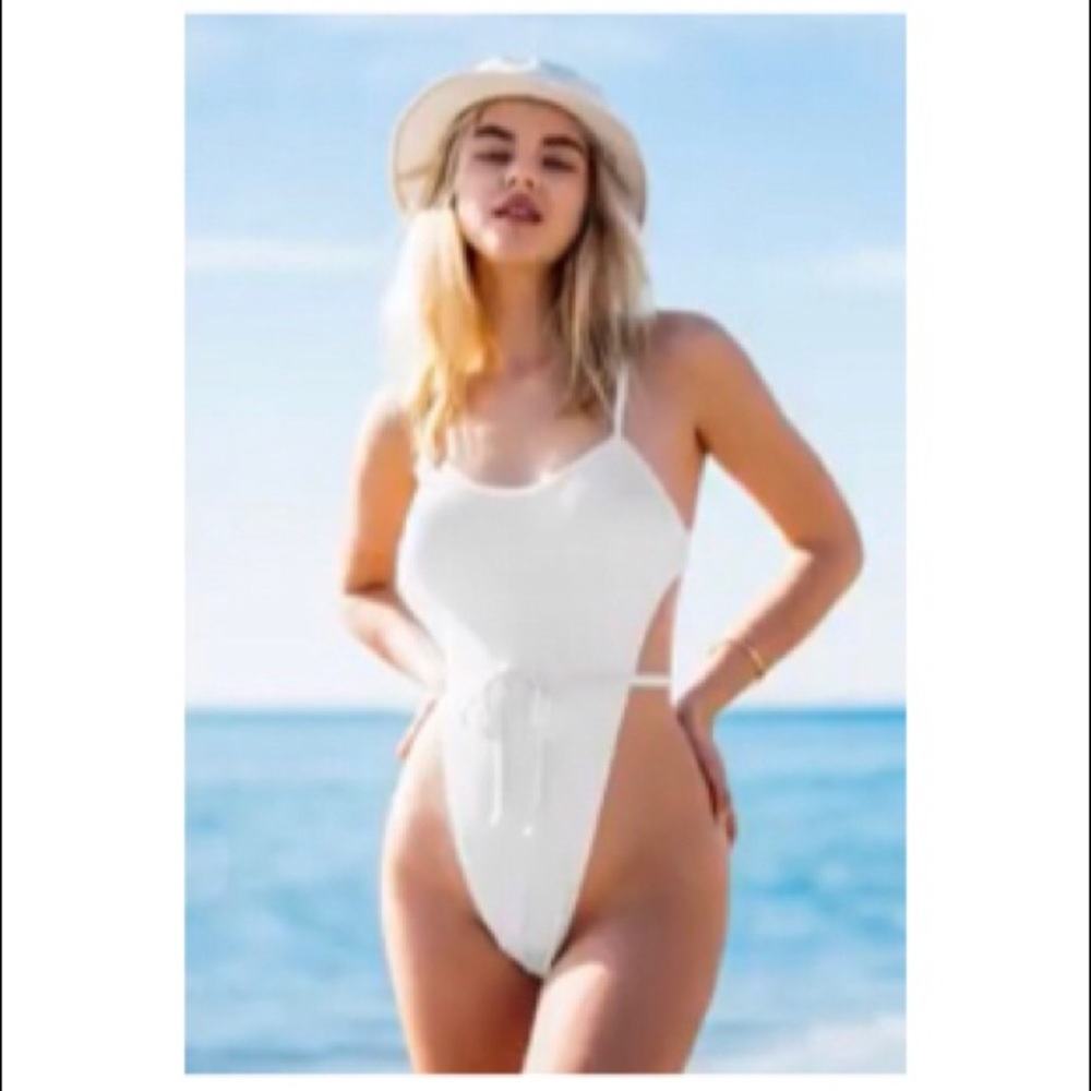 High-cut ribbed white one-piece